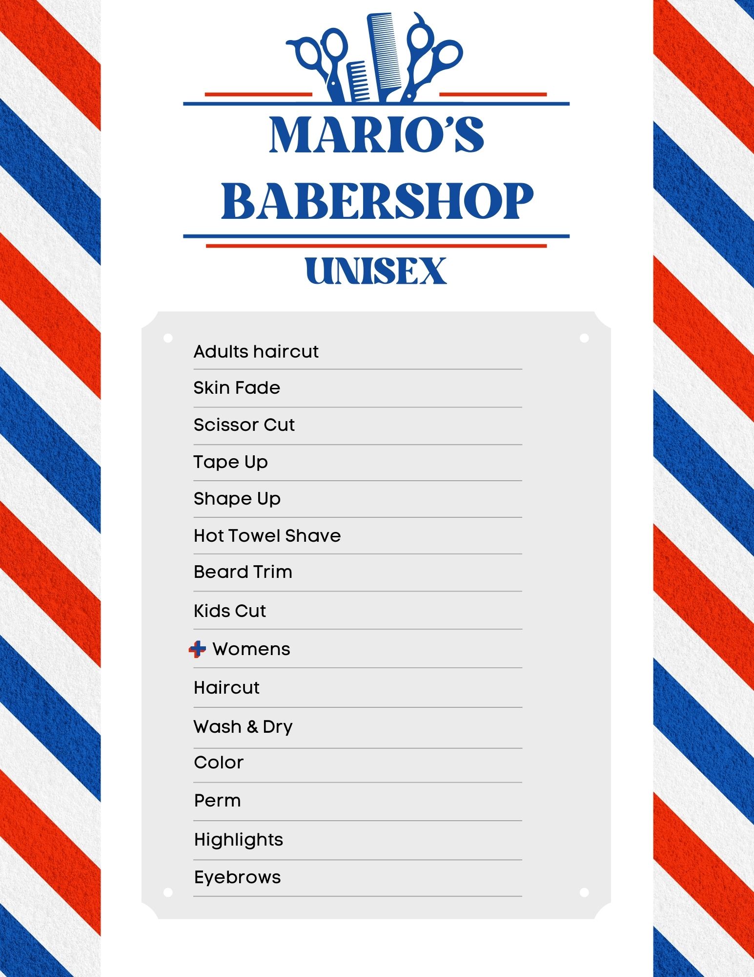 A menu featuring services offered at Mario's Barbershop, including haircuts and grooming options for adults, women, and kids, framed by red, white, and blue barber pole stripes.